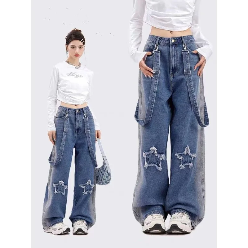 Rugged Star Strap Jeans: Trendy Autumn Wide Leg Denim