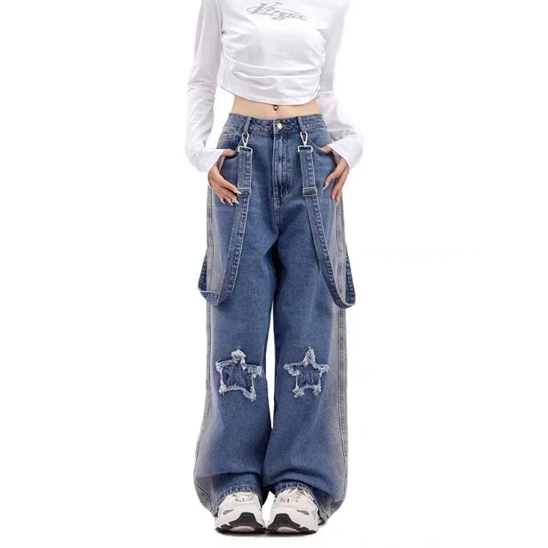 Rugged Star Strap Jeans: Trendy Autumn Wide Leg Denim