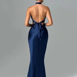 Satin Halter Backless Maxi Dress for Women - Sexy Summer Lace-up Bodycon Club Party Elegant Gown