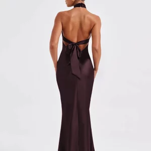 Satin Halter Backless Maxi Dress for Women - Sexy Summer Lace-up Bodycon Club Party Elegant Gown