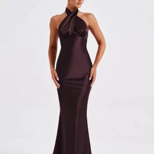 Satin Halter Backless Maxi Dress for Women - Sexy Summer Lace-up Bodycon Club Party Elegant Gown