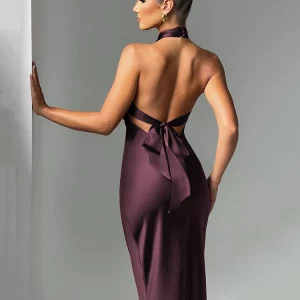 Satin Halter Backless Maxi Dress for Women - Sexy Summer Lace-up Bodycon Club Party Elegant Gown