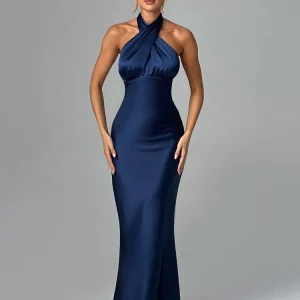 Satin Halter Backless Maxi Dress for Women - Sexy Summer Lace-up Bodycon Club Party Elegant Gown