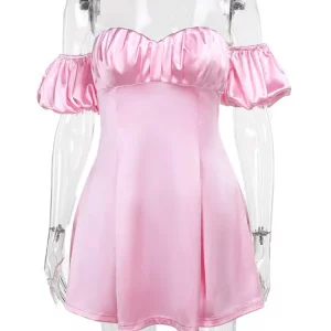 Satin Pink Sexy Mini Dress | Off-Shoulder A-line Club Party