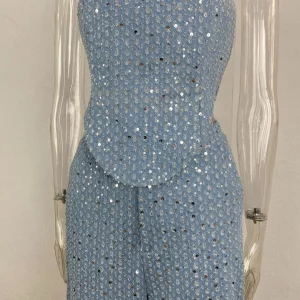 Sequin Denim Strapless Tunic & Wide Leg Pant Set - 2024 Fashion Women's 2-Piece Out