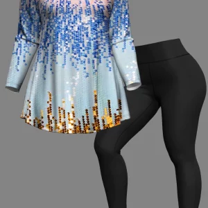 Sequin Pattern Plus Size Two-piece Set: Crew Neck Top & Pant Outfits