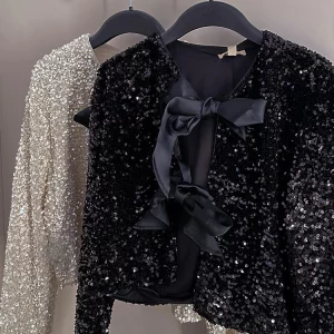 Sequined Bow Jacket: Women's Sparkling Evening Coat