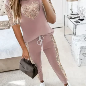 Sequined Heart Drawstring Pants Set with Color Contrast Top