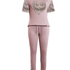 Sequined Heart Drawstring Pants Set with Color Contrast Top