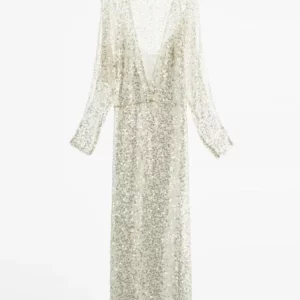 Sequined Maxi Dress: V-Neck Backless Hollow Sleeves