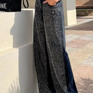 Sequined Wide Leg High Waist Zipper Pocket Pants