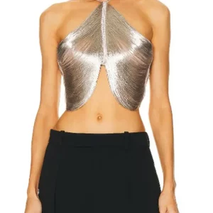 Sequined Y2K Halter Crop Top | Sexy Sleeveless Metallic Pullover | Women's Nightclub Streetwear