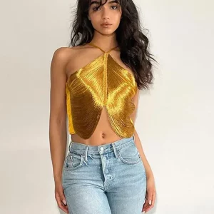 Sequined Y2K Halter Crop Top | Sexy Sleeveless Metallic Pullover | Women's Nightclub Streetwear