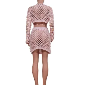 Sequins Cutout Knit 2 Piece Set: Long Sleeve Crop Top & Drawstring Mini Skirt - 202