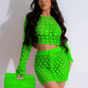 Sequins Cutout Knit 2 Piece Set: Long Sleeve Crop Top & Drawstring Mini Skirt - 202