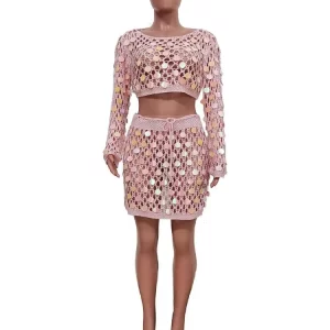 Sequins Cutout Knit 2 Piece Set: Long Sleeve Crop Top & Drawstring Mini Skirt - 202