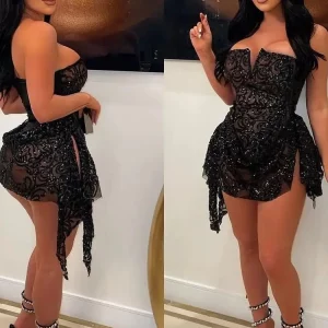 Sequins Mesh Irregular Party Dress Women Strapless V-Neck Bodycon Mini Dress - Sexy Backless Club