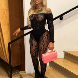 Sexy Black Mesh Jumpsuit: Sheer Wrap Chest, Long Sleeve Skinny Overall for Women