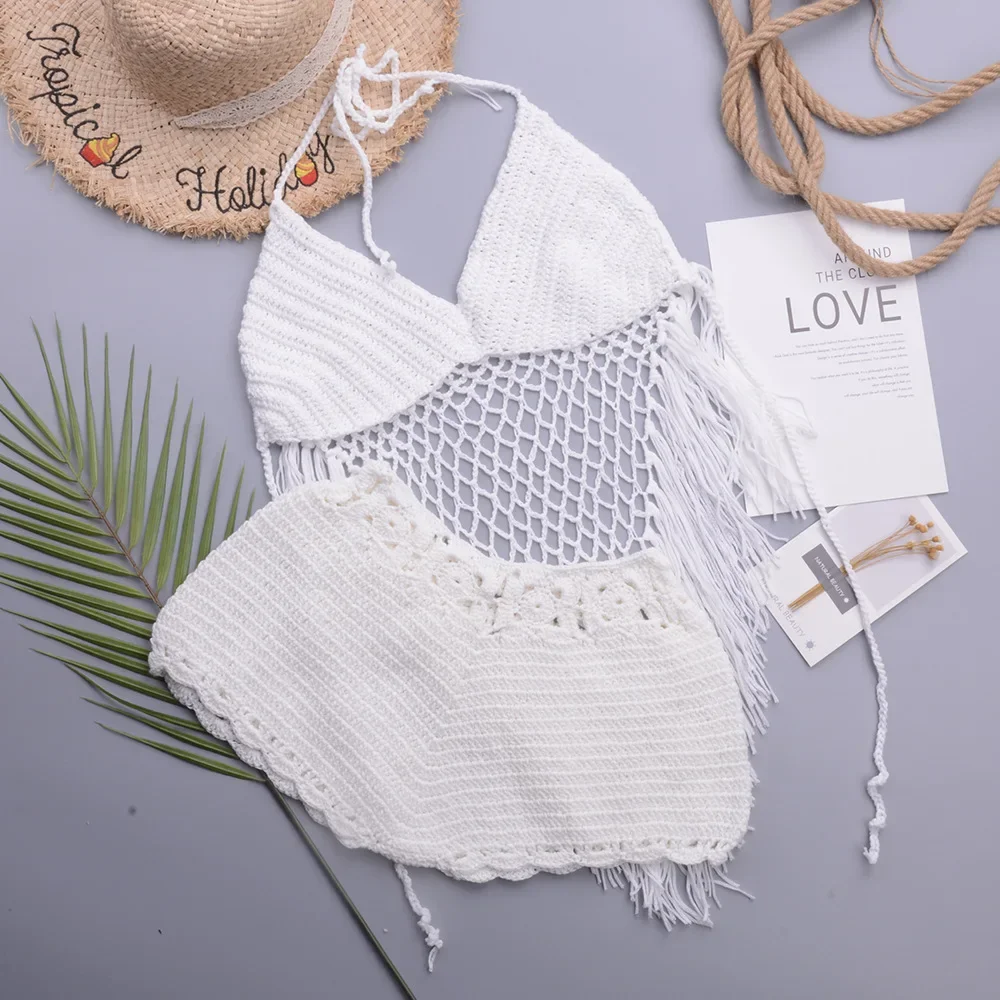 Sexy Crochet Knit Mini Skirt Set with Hollow Out Crop Tops - 2 Piece Summer Beach Outfit