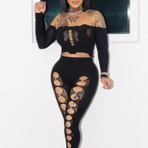 Sexy Off Shoulder 2-Piece Set: Hollow Out Top & Pencil Pants - Night Club Outfit