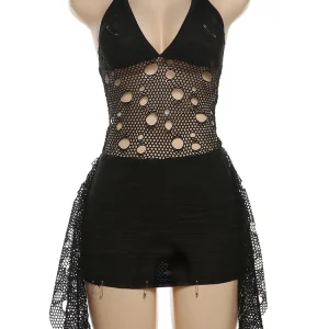 Sexy Patchwork Halter Mini Dress with See-Through Holes