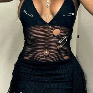 Sexy Patchwork Halter Mini Dress with See-Through Holes