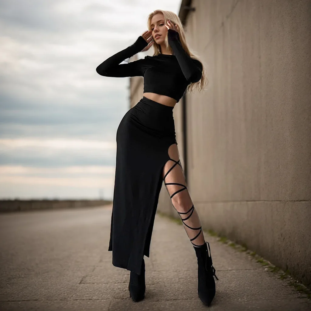 Sexy Two Piece Set: Long Sleeve Crop Top with High Split Bandage Skirt - Club Outfit for Party