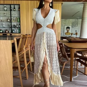 Sexy Women's V-Neck Tassel Patchwork Midi Dress for Summer Parties