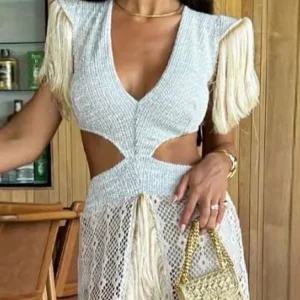 Sexy Women's V-Neck Tassel Patchwork Midi Dress for Summer Parties