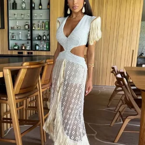 Sexy Women's V-Neck Tassel Patchwork Midi Dress for Summer Parties