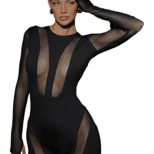 Sheer Black Bodycon Jumpsuit for Women, Clubwear, Sexy Romper