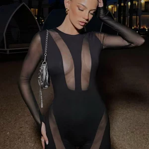 Sheer Black Bodycon Jumpsuit for Women, Clubwear, Sexy Romper