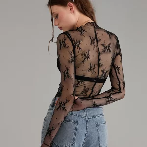 Sheer Lace Long Sleeve Crew Neck Shirt for Streetwear