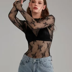 Sheer Lace Long Sleeve Crew Neck Shirt for Streetwear