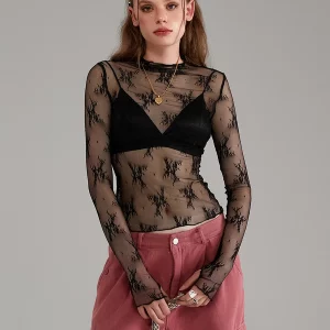 Sheer Lace Long Sleeve Crew Neck Shirt for Streetwear