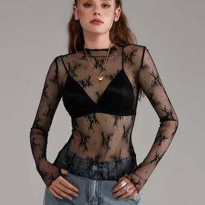 Sheer Lace Long Sleeve Crew Neck Shirt for Streetwear