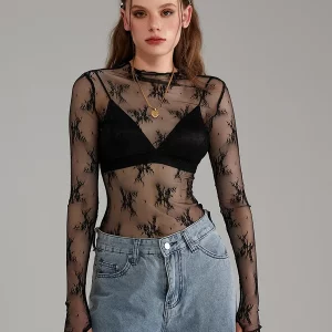 Sheer Lace Long Sleeve Crew Neck Shirt for Streetwear