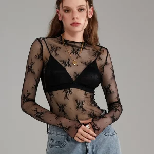 Sheer Lace Long Sleeve Crew Neck Shirt for Streetwear