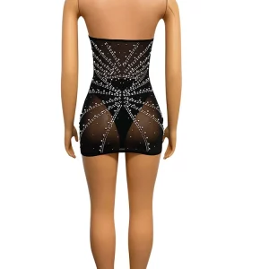 Sheer Mesh Crystal Mini Dress with Cut-Out Pearls & Rhinestone Buckle - Two-Piece Party Outfit