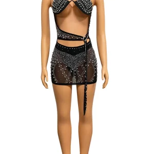 Sheer Mesh Crystal Mini Dress with Cut-Out Pearls & Rhinestone Buckle - Two-Piece Party Outfit