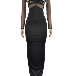 Sheer Mesh Rhinestone Maxi Dress with Sequin Detail