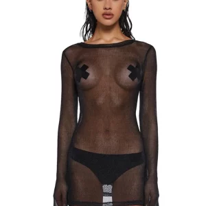 Sheer Sexy Beach Dress Women Y2k Bodycon Long Sleeve O-Neck Cover Up