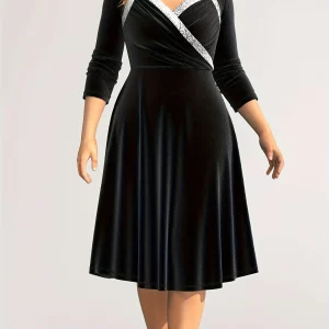 Shiny Contrast Trim Plus Size V Neck Dress, Long Sleeve Casual Women's Clothing