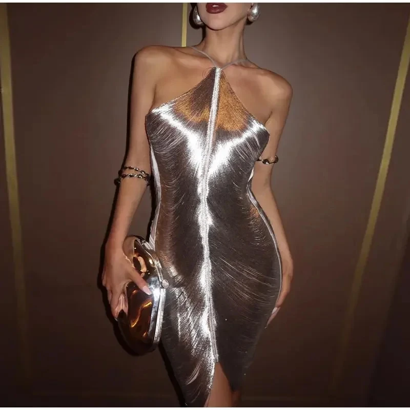 Shiny Metallic Halter Mini Dress 2024 | Sleeveless Bodycon Vestidos for Women