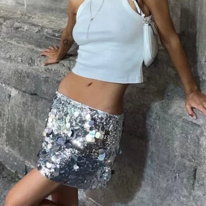 Shiny Sequin Mini A-line Skirt for Women, Summer Casual Beach Club Streetwear