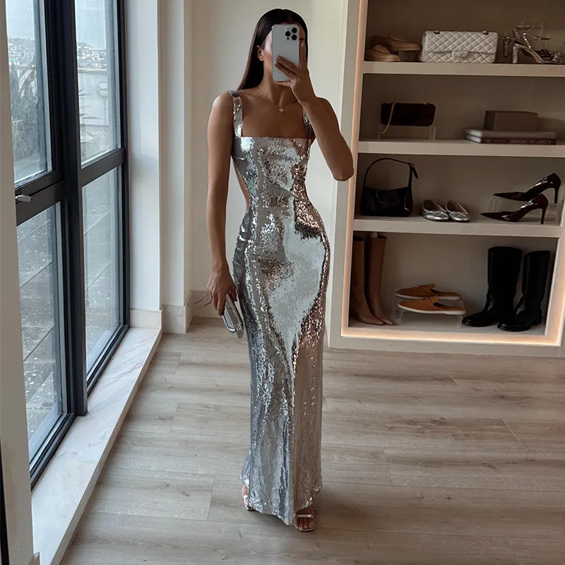 Silver Backless Bodycon Dress - Sexy Hollow Out Women's Evening Party Fashion