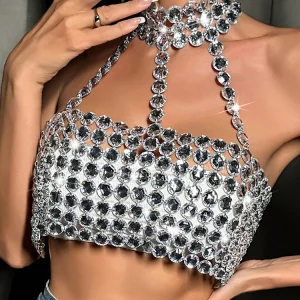 Silver Glitter Halter Top with Sequin Bustier - Backless Club Vest for Festivals