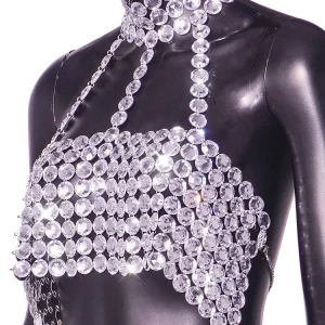 Silver Glitter Halter Top with Sequin Bustier - Backless Club Vest for Festivals