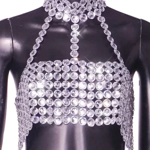 Silver Glitter Halter Top with Sequin Bustier - Backless Club Vest for Festivals