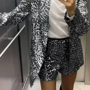 Silver Sequin Short Pants Suit with Lapel Blazer - Women's Fashion Set for Autumn Office and Club